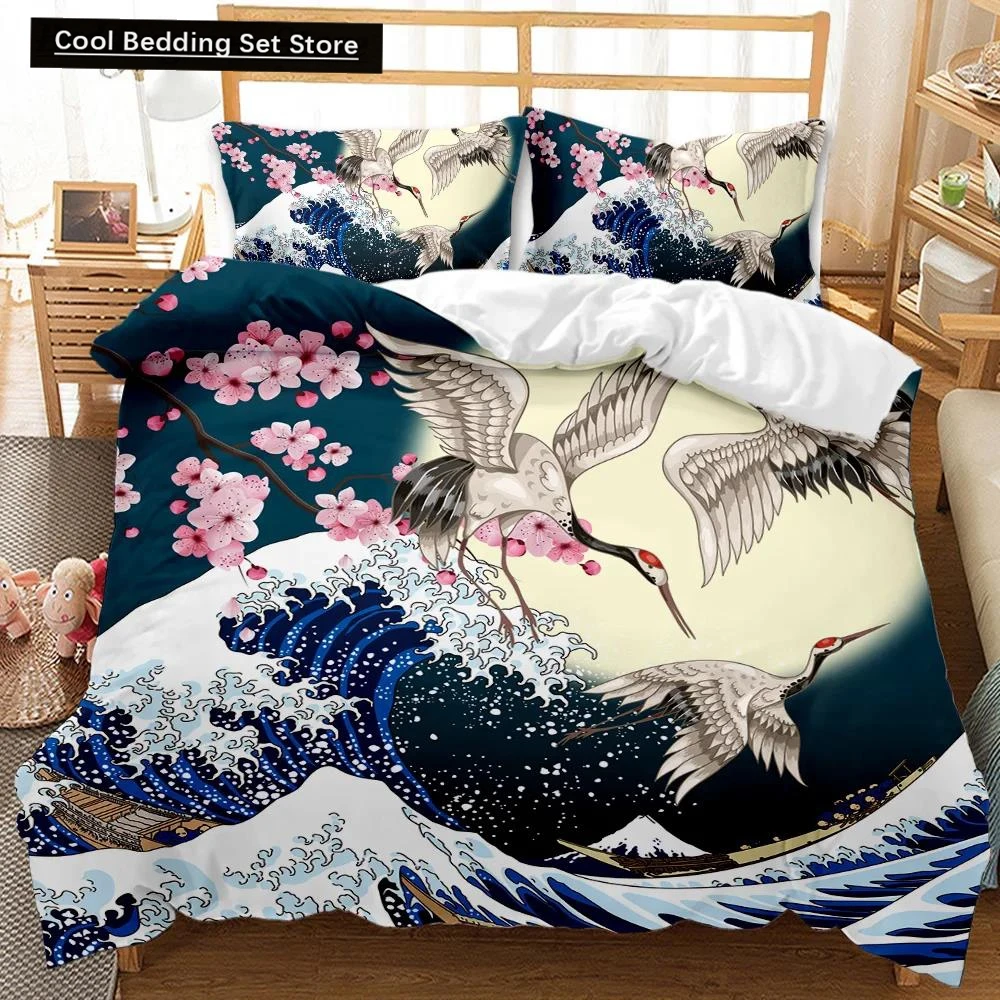 

National Trend Duvet Cover Set Cherry Blossoms Crane Printed Bedding Set Sea Waves Down Traditional Retro Polyester Quilt Cover