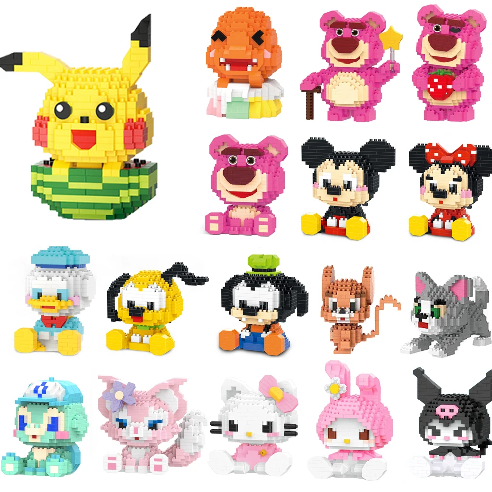 Blocs de construction de dessin animé Pikachu Charmander, Disney Mickey Mouse Lotso Sanrio Kuromi Hello Kitty, modèle 3D, Mini jouet en brique