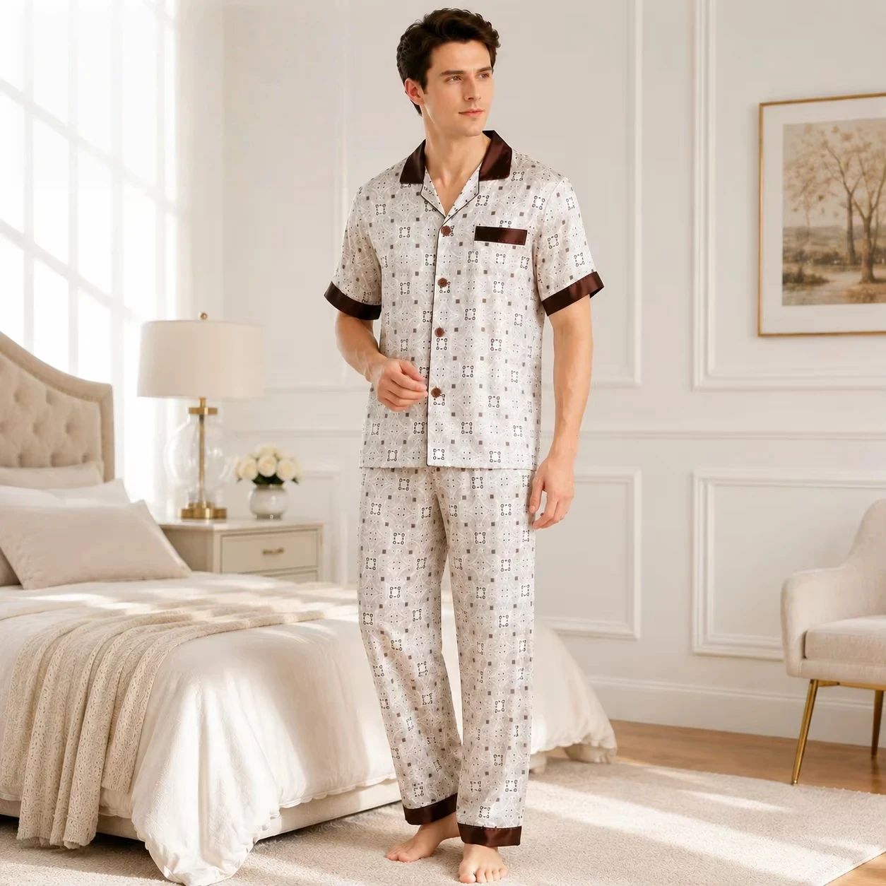 Men Silk Pajama Set Short Sleeve Long Trousers 16 Momme Mulberry Silk Sleepwear Loose Comfortable Summer Homewear Night Suit