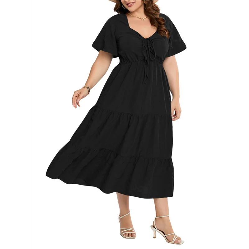 ASDS-Womens Plus Size Summer 2025 Midi Maxi Dresses Short Sleeve Sweetheart Neck Elastic Waist Boho Beach Dress