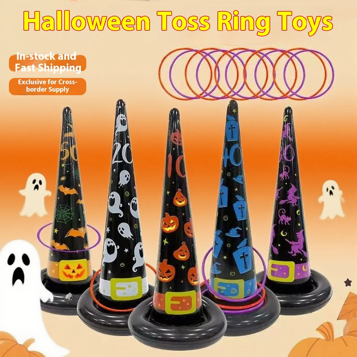Sombrero inflable de Halloween, juguete, sombrero de bruja inflable, murciélago, lápida, fantasma, calabaza, gato, fiesta de vacaciones, juego de lanzamiento interactivo, aro