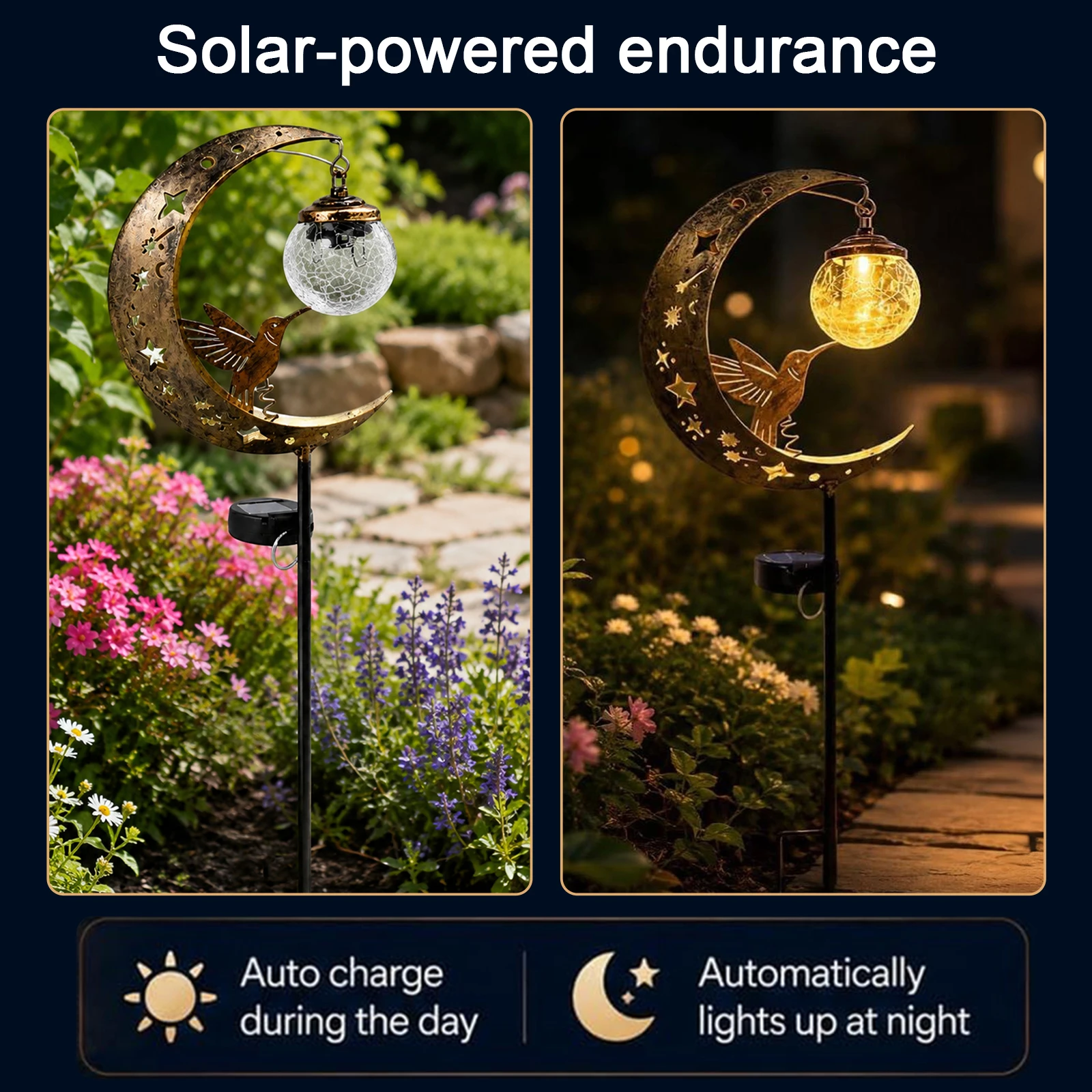 Hummingbird Solar Powered Moon-Shaped Ground Light IP45 Waterproof Crackle Hanging Glass Globe Ball for Outdoor Garden Yard Deco
