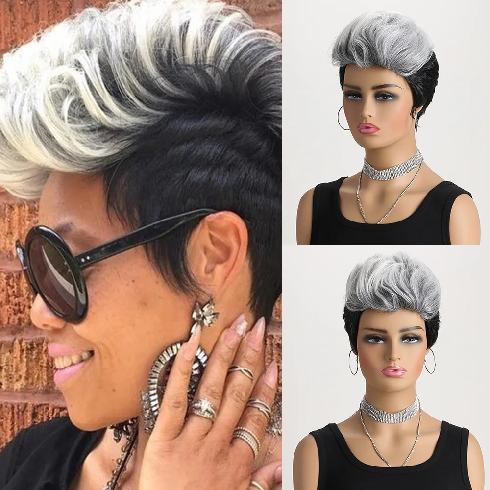 

European and American Short Bob Women's High Ponytail White and Black Short Hair Fashion Wig Synthetic Fiber Hair Cap