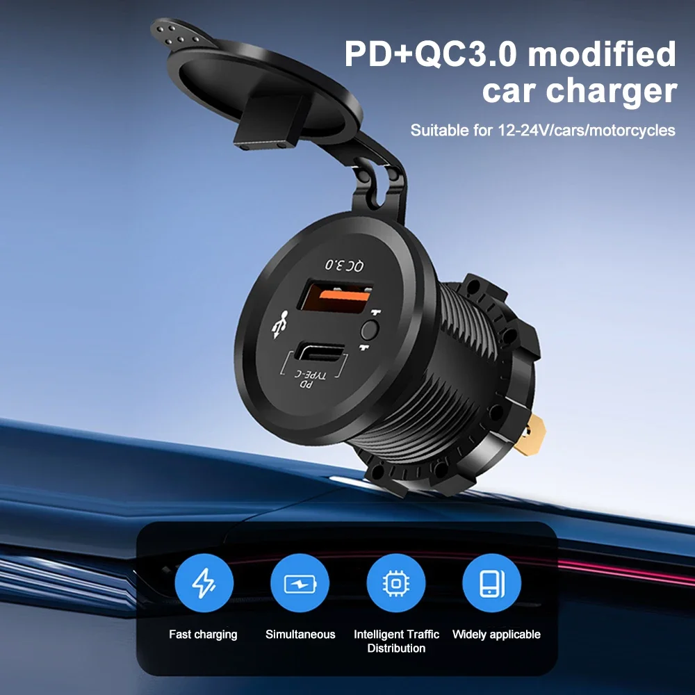 PD QC 3.0 USB C Car Charger with Switch Motorcycle Fast Charger Socket Power Outlet Adapter Waterproof for 12V/24V Car ATV Boat view 4