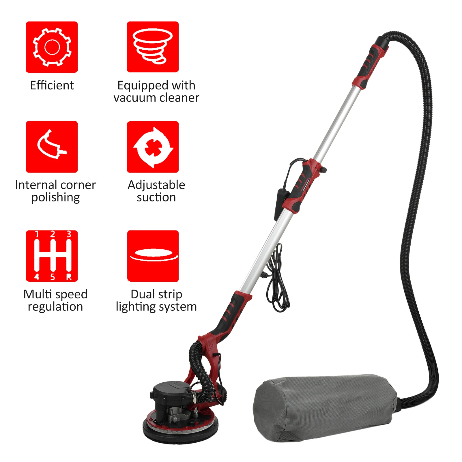 ماكينة صنفرة الحوائط الجافة 1390 وات مع 20 قطعة من أقراص الصنفرة 5 سرعات متغيرة 900-2800 دورة في الدقيقة ماكينة صنفرة الحائط مع ضوء LED قابل للتمديد