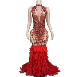 Shinning Red Rhinestones Luxury Feather Sleeveless Sexy Sheath Floor-length Dress Evening Party Prom Performance Costume