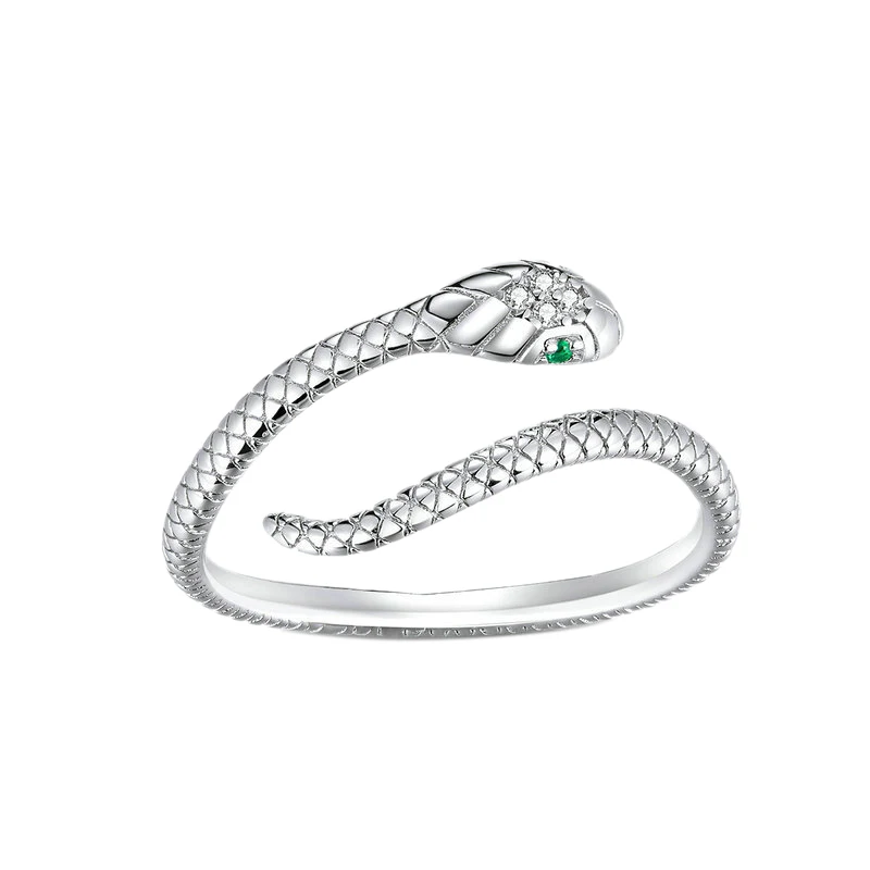 Snake Ring for Women S925 Silver Adjustable Rings Green Zircon Retro Fine Jewelry Pretty Textures Design