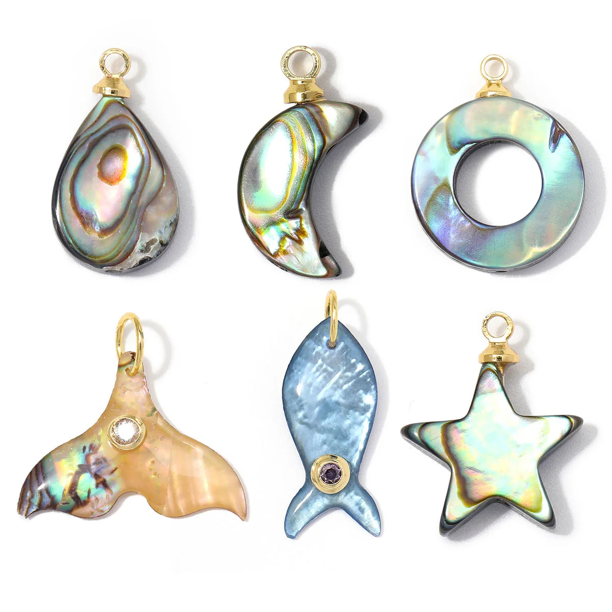 3pcs/Lot Copper Glass Stone Flower DIY Charms Lucky Mermaid Tail Fish Necklace Pendants Woman Star Circle Jewelry Wholesale