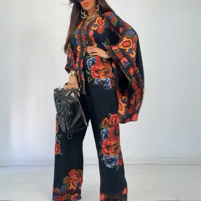 Vintage Graphic Print Flare Sleeve Autumn Set Women Spring V Neck Button Top Wide-leg Pants Outfits Casual Loose Two Piece Suits