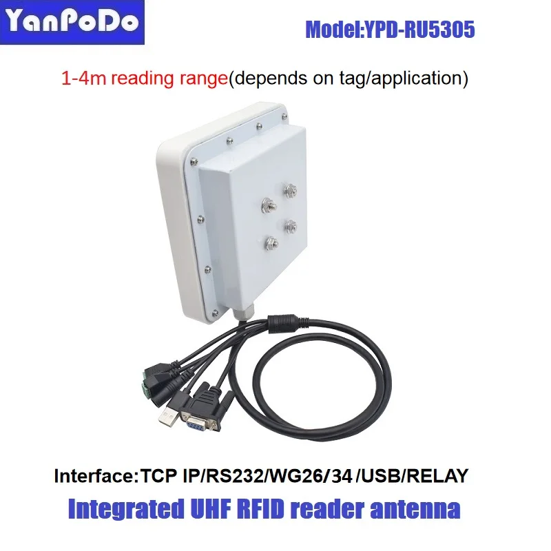 Yanpodo 1-4m Uhf Rfid Reader Long Range Built in 4dbi Circular Antenna RS232 WG26 WG34 USB RELAY Ethernet for Vehicle Management