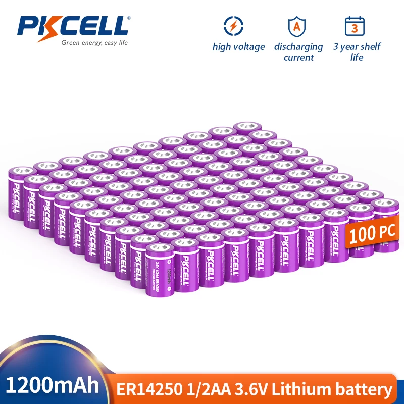 

100PC PKCELL ER14250 Battery 14250 1/2AA 1200mAh 3.6V Lithium Batteries as CR14250 for PLC CNC Machine Tools Alarm Water Meter