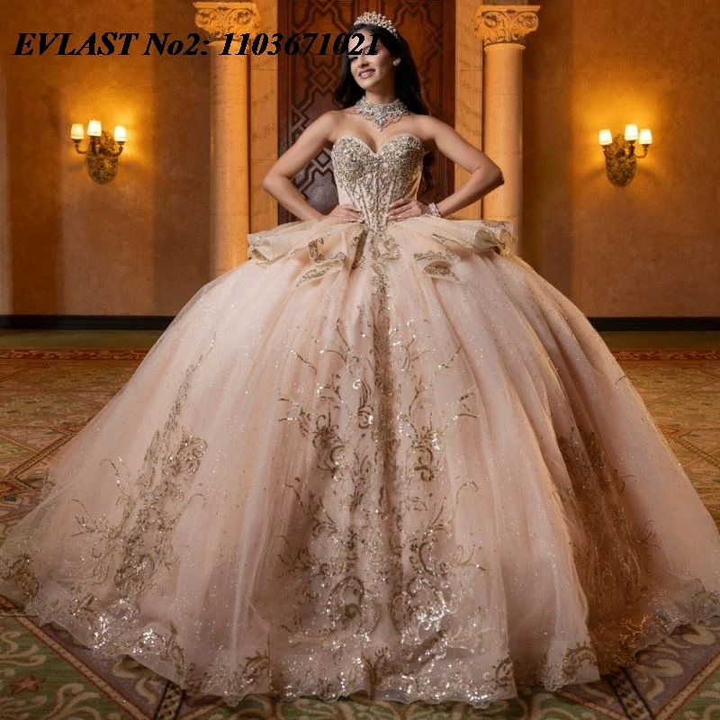 

EVLAST Customized Glitter Pink Quinceanera Dress Ball Gown Gold Lace Applique Beading Corset Sweet 16 Vestidos 15 Anos E2QA200