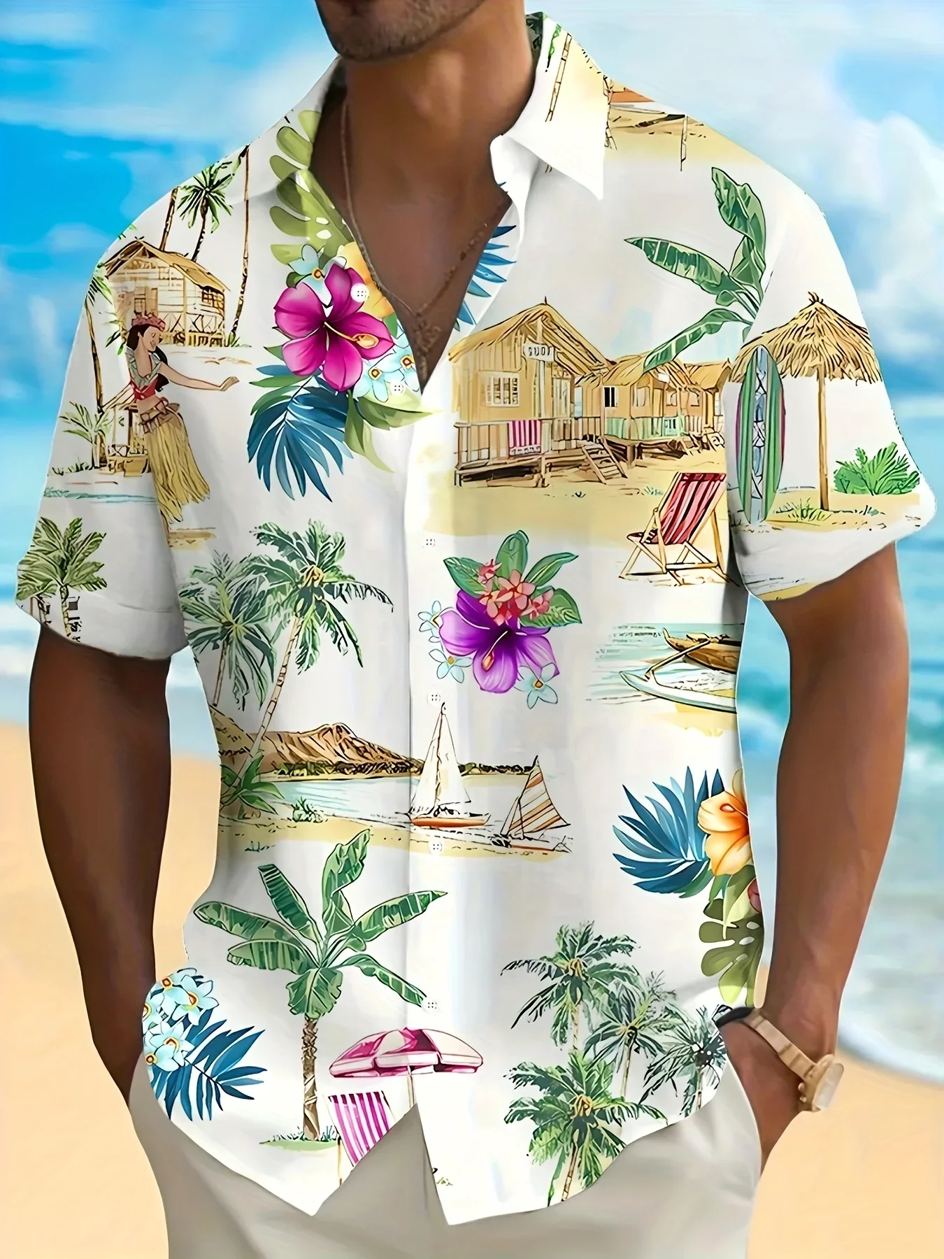Fashion Loose Fit Men's Hawaiian Shirt Summer Man Short Sleeve Vibrant Party Print Lightweight Casual Holiday Tops