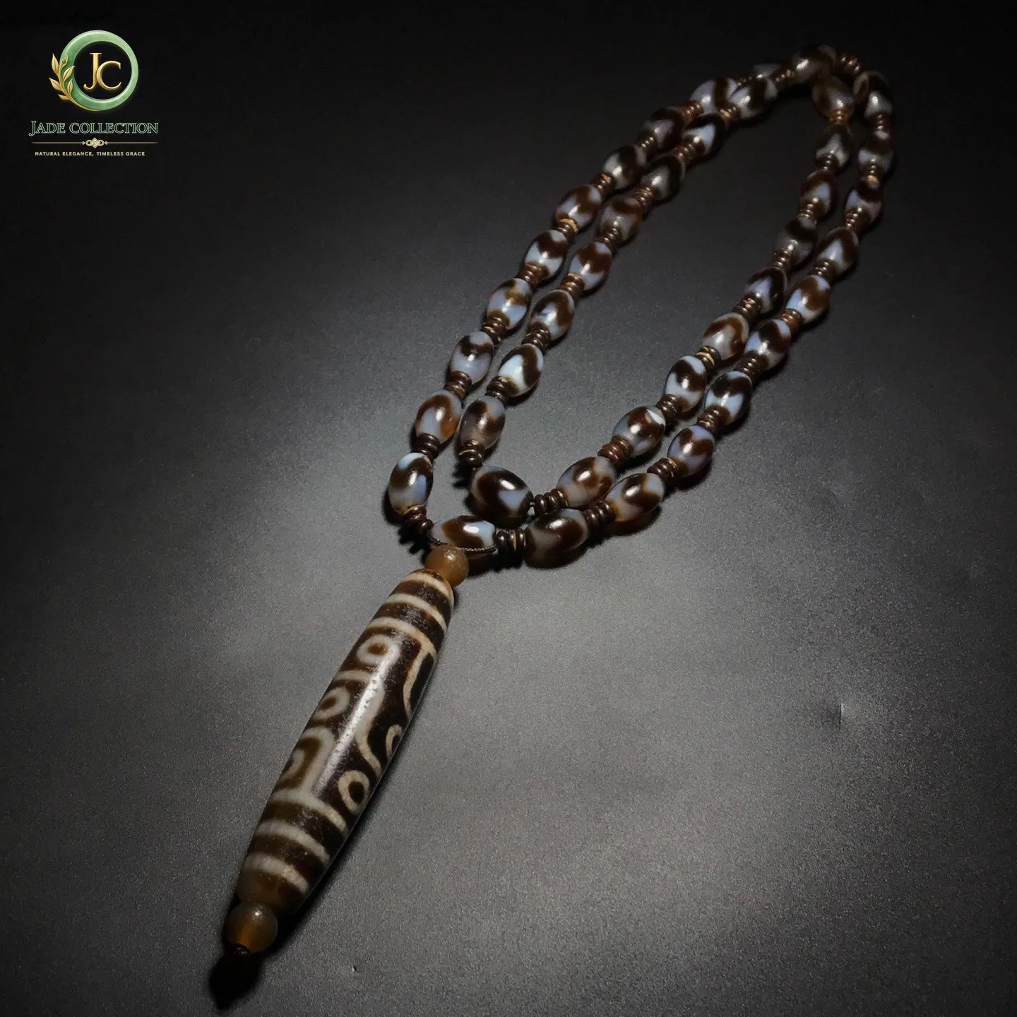 Unique Tibetan Old Agate Dzi Tiger Tooth 9 Eyes Beads Necklace J0430