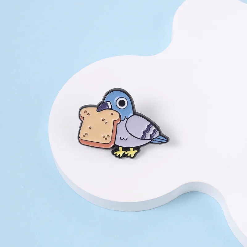 Cute Pigeon Holding a Toast Bread Enamel Pin Funny Cartoon Animal Metal Brooch Decoration Backpack Clothes Badge Jewelry Gifts