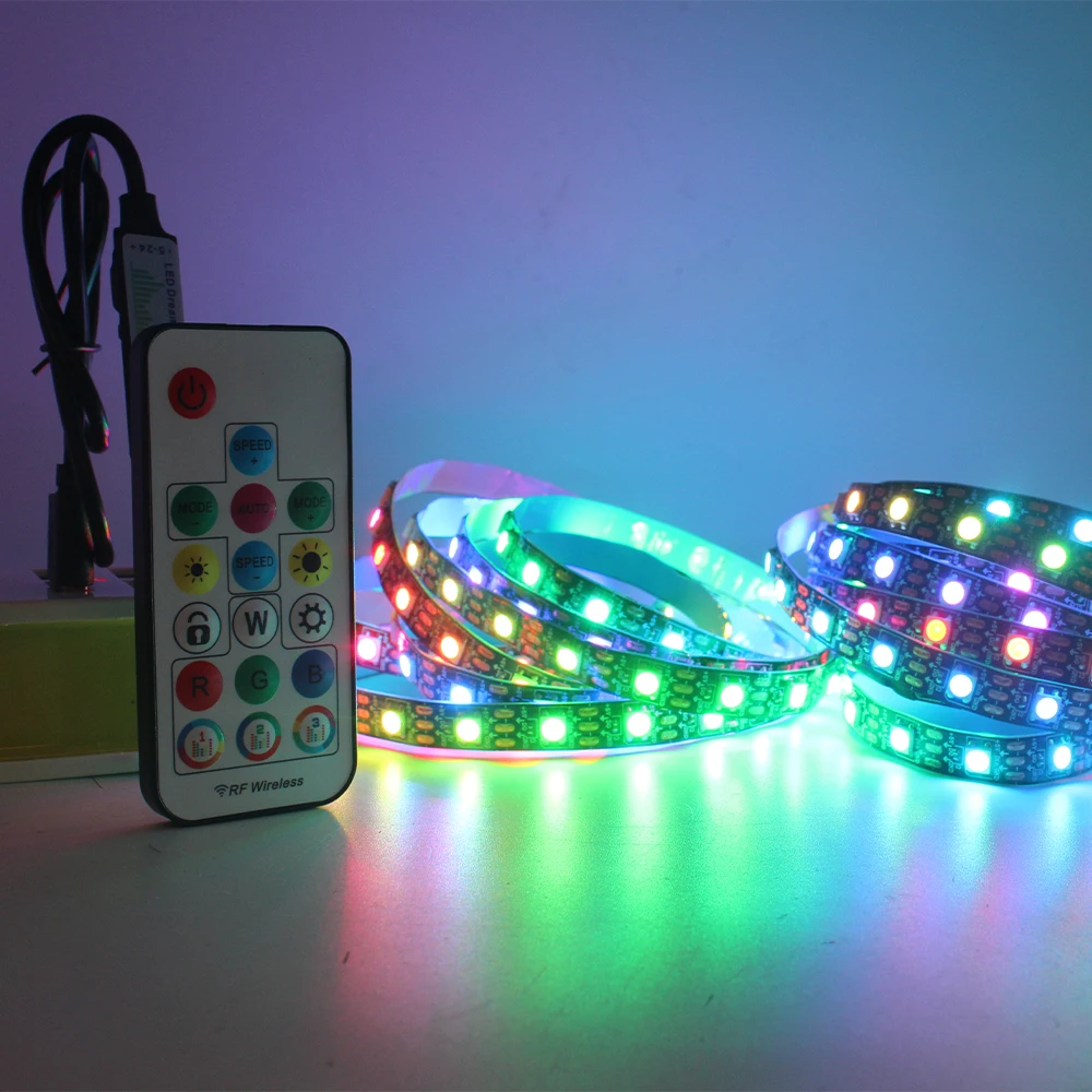 5V Dream Color LED Strip Light USB Full Color RF 17Keys USB Music Controller 60LEDs/M pixel 5050 RGB Addressable RGBIC WS2812B