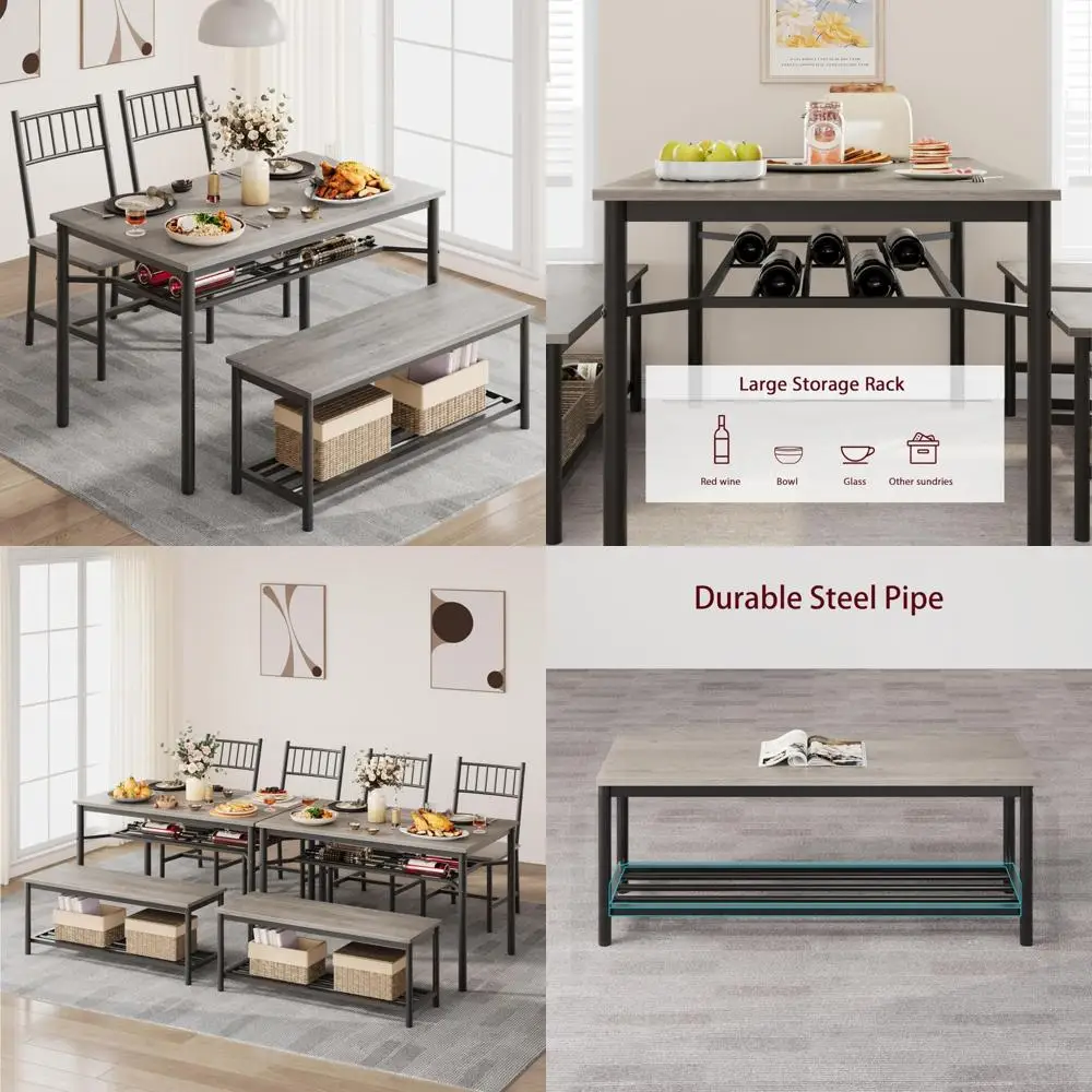Juego de mesa de comedor para 4 personas con sillas y banco, incluye botellero para cocina rectangular