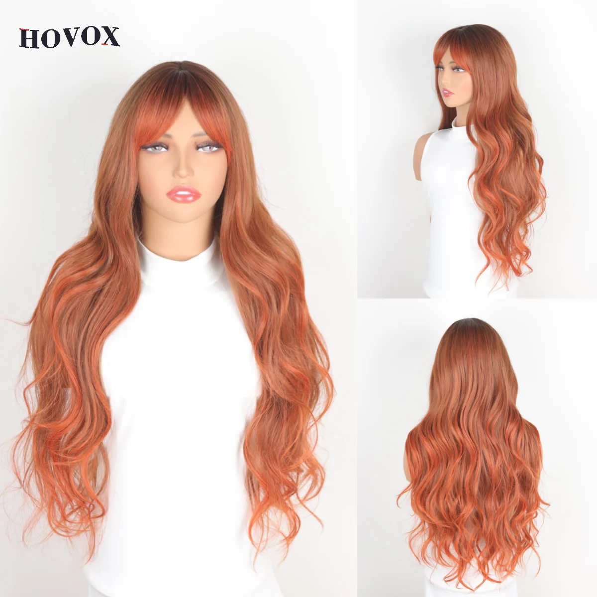 HOVOX Synthetic Wig Women's Brown Long Curly Hair European and American Cosplay Party Daily Heat Resistant Wig