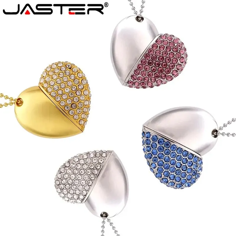 JASTER Metal Crystal USB Flash Drive 64GB Sparkling Diamond Heart Memory Stick 32GB Creative Gift Pen Drive 16GB Golden U Disk