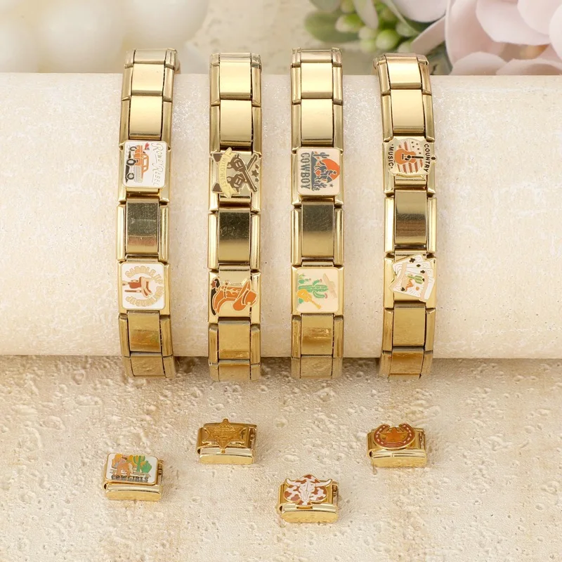 2026 New Golden Cowboy Horse Cowgirls Boots Hat Guitar Star Car Italian Charm Fit 9mm Stainless Steel Bracelet Jewelry DIY Gifts