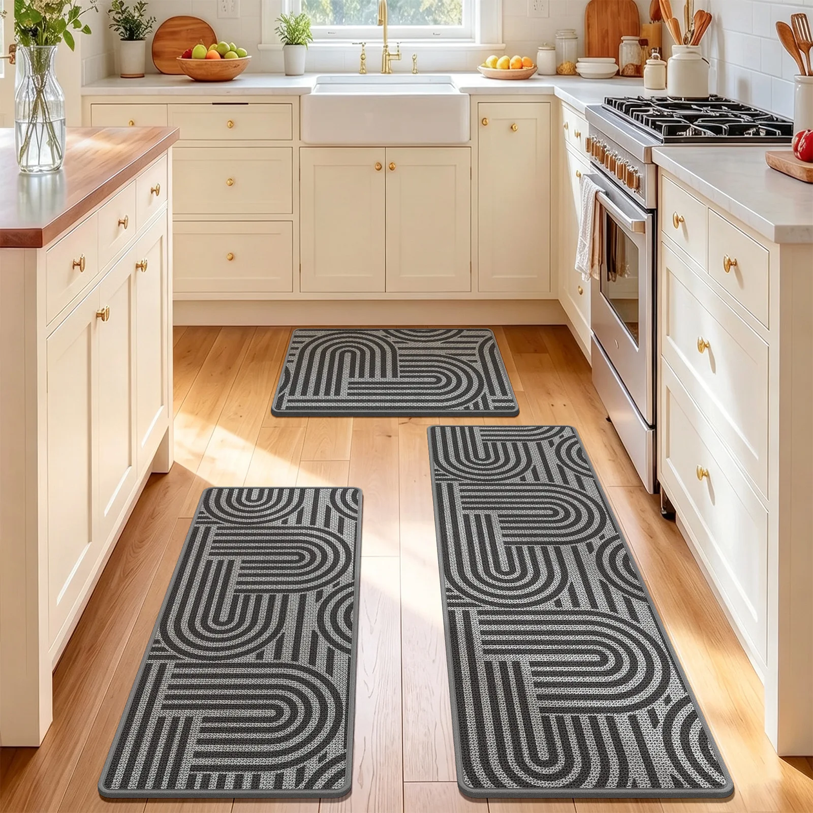 Geometric Linen Kitchen Rug, Long Floor Mat for Kitchen Hallway, Double-Sided Non-Slip, Water & Oil Absorbent, Wear-Resistant