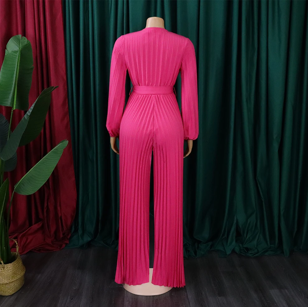 Elegant Jumpsuits Rompers for Women Pleated 2024 New V Neck Full Sleeve Belt Waisted Fashion Outfits Overalls Clothes Female