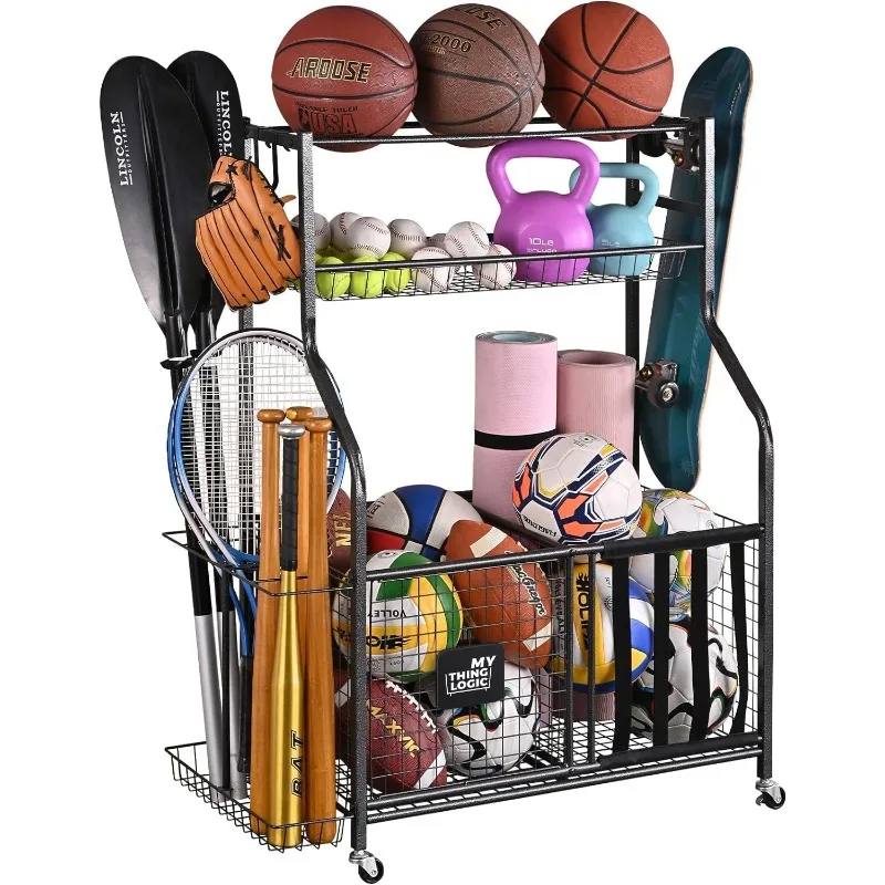 

Garage Sports Equipment Organizer, Baseball Storage Large Capacity, Sports Organizer for Garage with Hooks and Bask