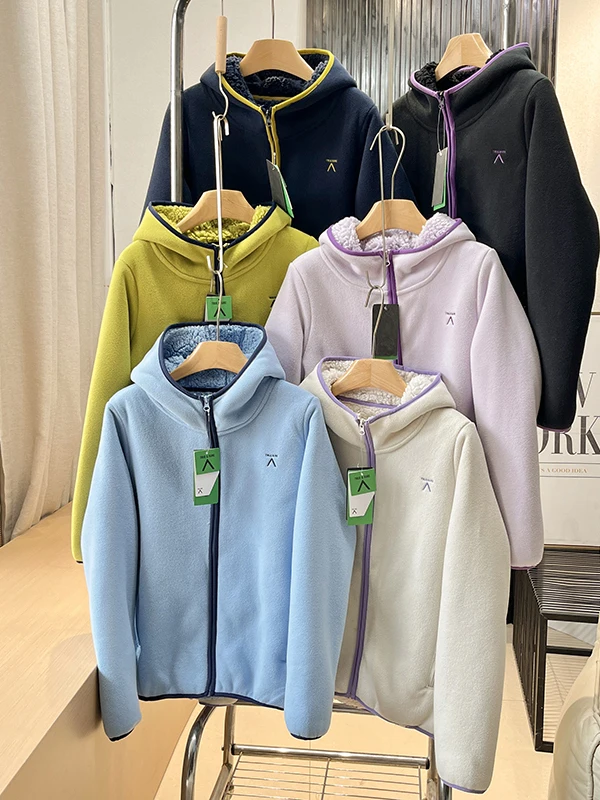 

Thiened Fce Women's Jaet with Hood Warm And Comfortable Casual Sle Stand Version Long Sve Zipper Closure Coat