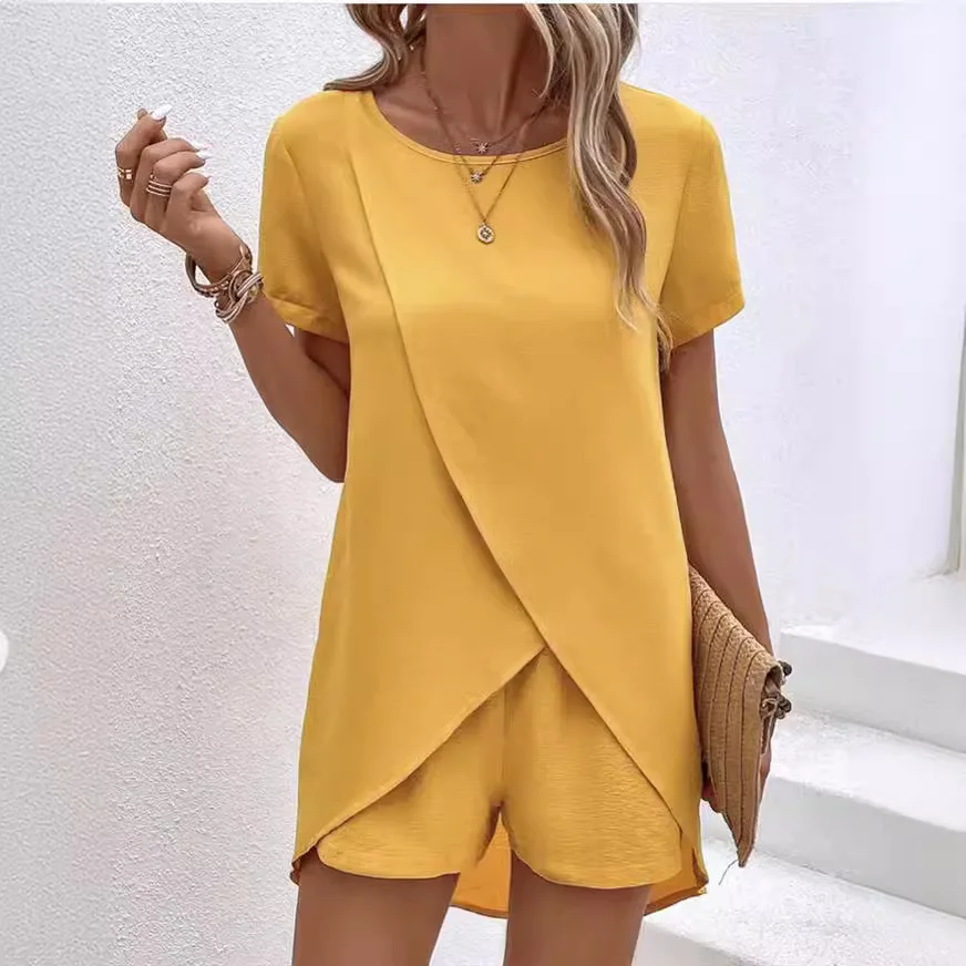 Summer Women Chic Tops Shorts Suit Two-Piece Set Office Ladies Chic 2 Piece Sets Womens Outfits Fashion Casual Long Blouse Suit