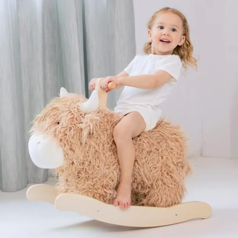 Baby Rocking Horse for 1 Year Old, Wooden Cow/Yak Horse Rocking with Wicker Plush Wooden Ride On Toy for 2 Years Old GirlandBoy