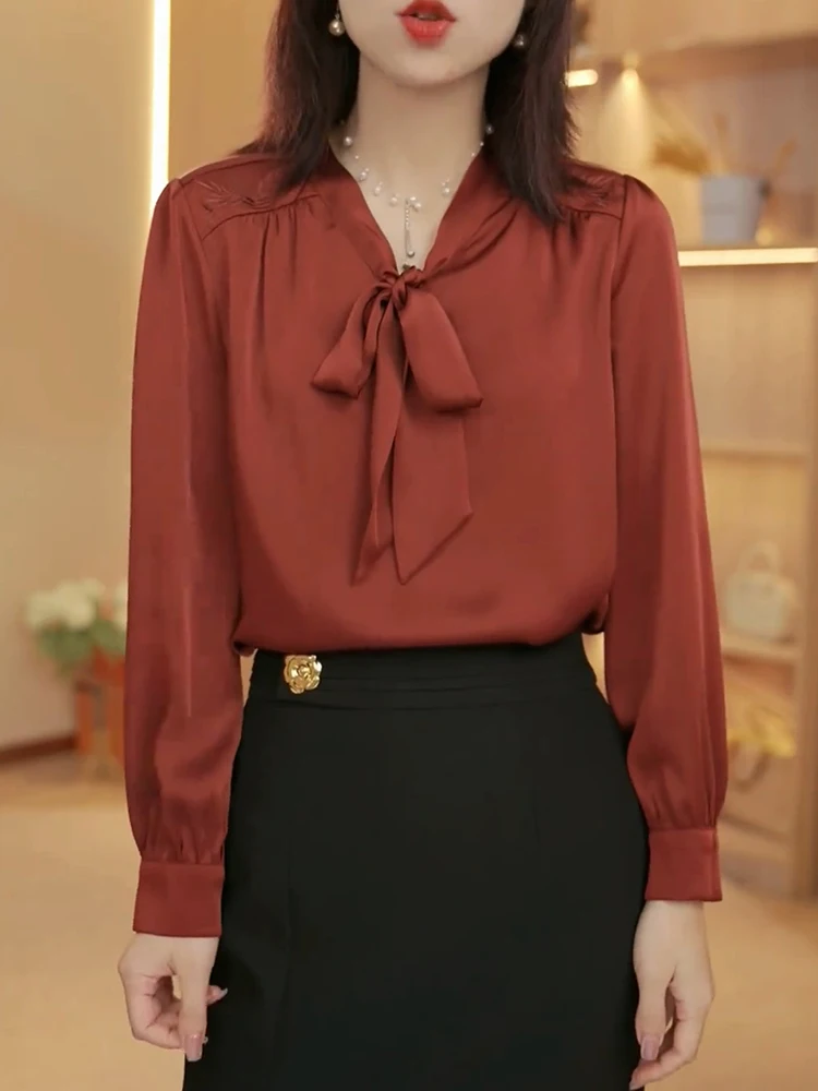 

Ele Simple Early Spring Commute Silk irt with Belt Large Size Top Agel Korean Sle Long Sve round Ne Spring