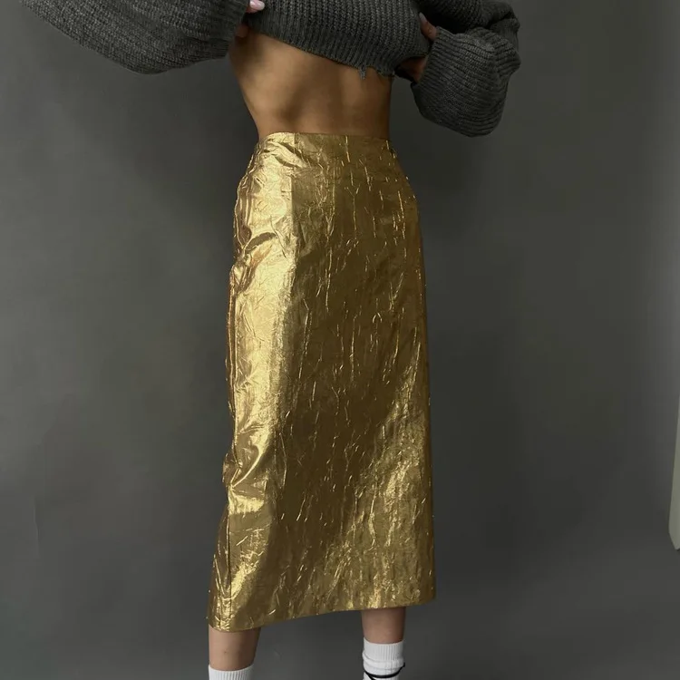 2026 New Fashion Skirt Summer Gold Shiny Faux Leather Skirt High Waist A Line Korean Style Clothes Women Streetwear