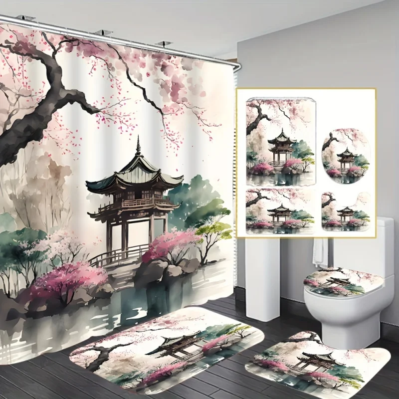 Elegant Asian Garden Bath Set: Includes 4 Pcs of Decorative Shower Curtain, Non-Slip Bath Mat, Toilet Seat Cover, Bathroom Rug