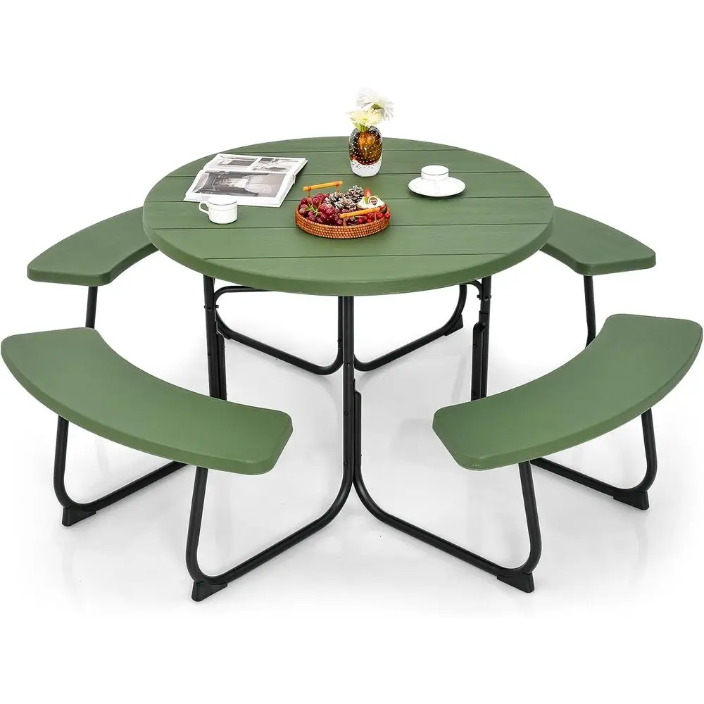 

Круглый уличный стол для патио на 8 человек со скамейками и отверстием для зонта, прочная столешница из HDPE, грузоподъемность 2000 фунтов, зеленый