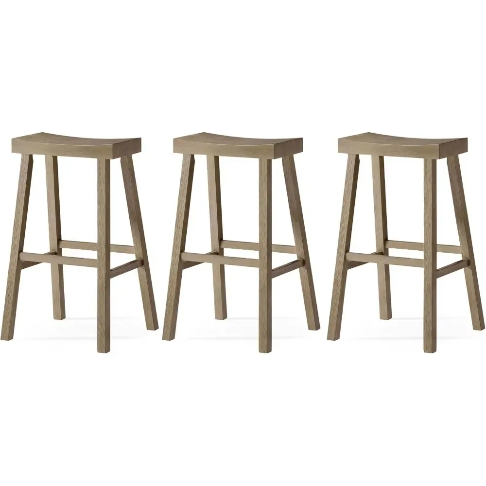 Saddle Barstool 31 Inch Tall Bar Height Backless Rectangular  in Antiqued Grey Finish with Rustic Wood Top Seat, Set of 3