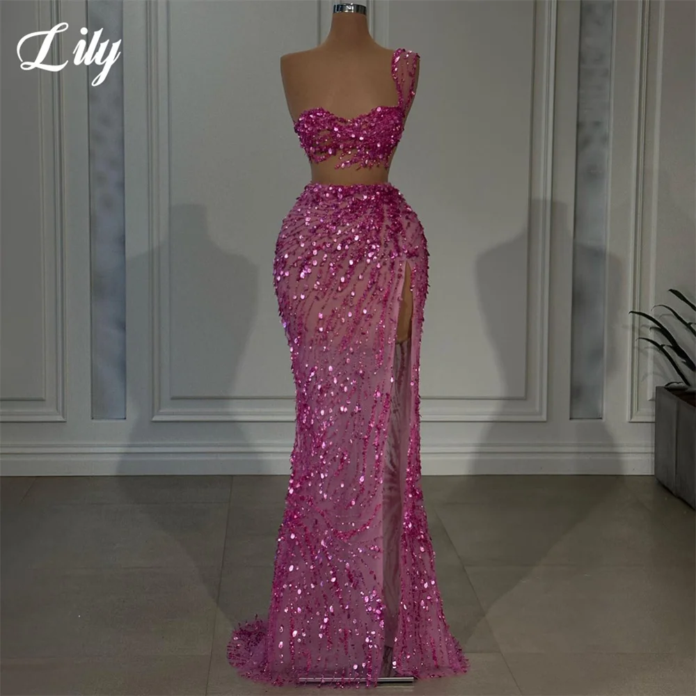 

Lily Pink Sweetheart Evening Dress Sexy One Shoulder Hollow Out Party Dresses Shiny Sequin Side High Slit Ball Gown Customized