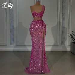 Lily Pink Sweetheart Evening Dress Sexy One Shoulder Hollow Out Party Dresses for Woman Lace Sequin Side High Slit Ball Gown