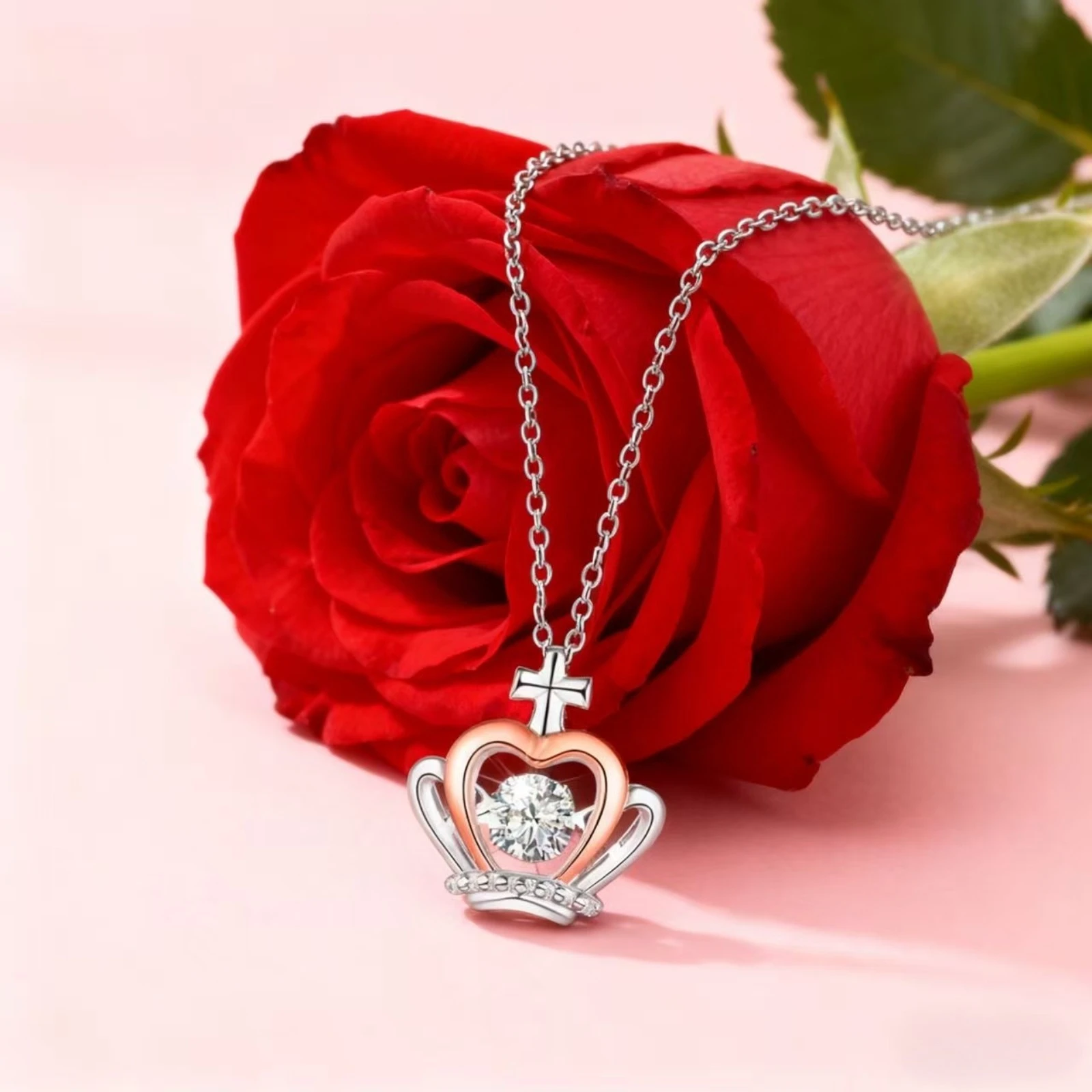 مجموعة قلادة التاج الوردي الأنيقة | 6 ورود + قلادة التاج + علبة هدية بطاقة تهنئة | مجموعات هدايا مجوهرات راقية أنيقة #5