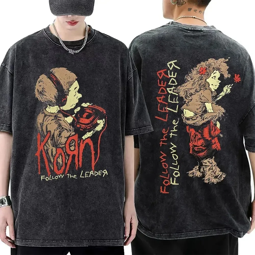 Hot Selling Rock Band Korn Classic Poster Print Vintage Washed Cotton T-Shirt, New Summer Loose Casual Plus Size Tops