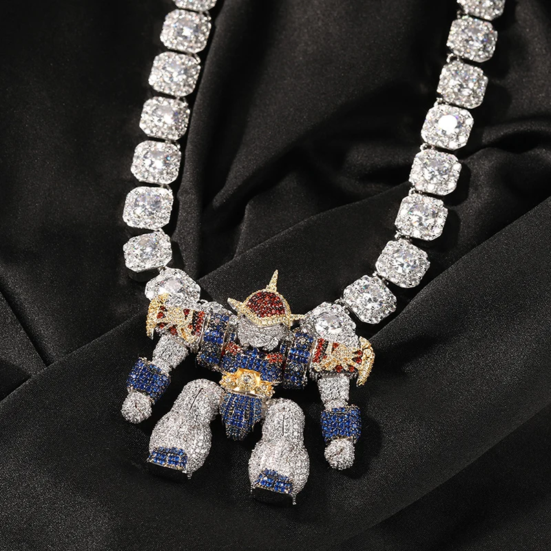 Hip Hop 3A+ CZ Stone Bling Iced Out Cartoon Mech Warrior Pendants Necklaces for Men Rapper Jewelry Gift