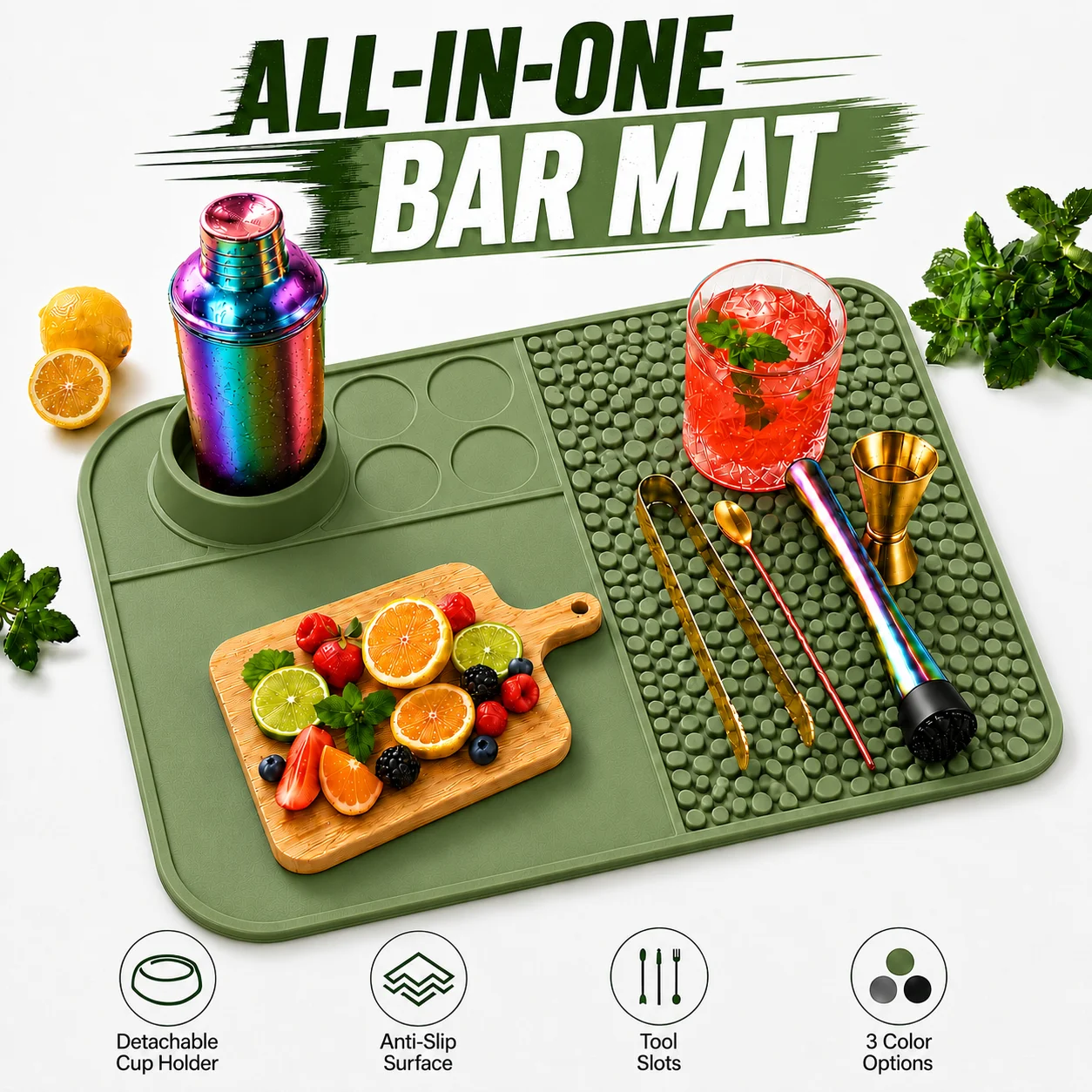 Heavy Duty Silicone Bar Mat For Cocktail Shaker Shockproof Muddling Pad With Drainage For Coffee Shop Kitchen Counter