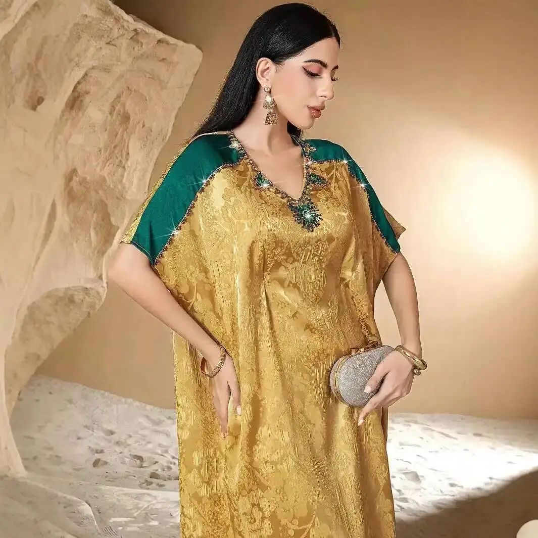 

Ba5158 New Color-block Satin Embossed Abaya Dress 2026 Muslim Long Dress Robe Abaya Ramadan Dubai Luxury Islam Elegant