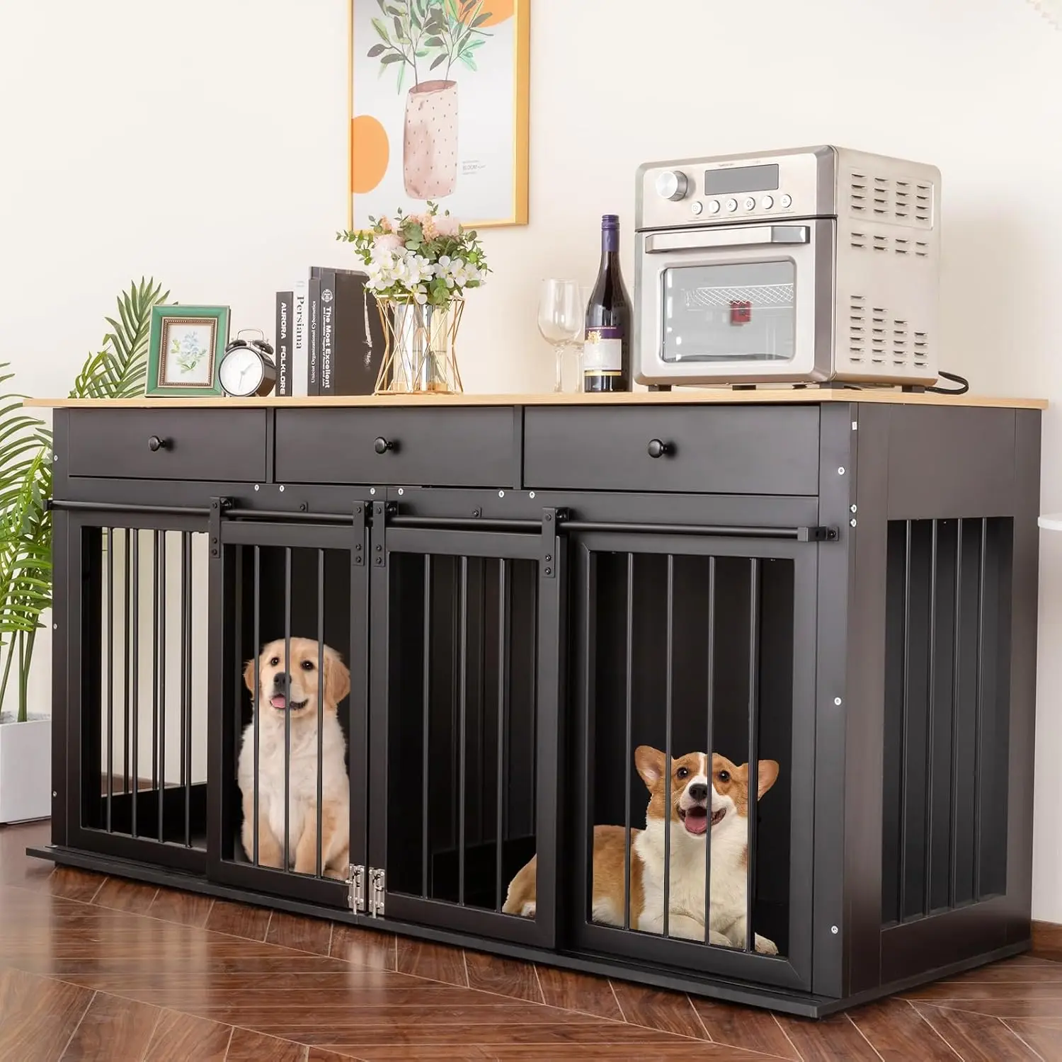 

Dog Crate Furniture Large Breed Wooden Dog Kennel with Room Divider & 3 Drawer,Double Doors Heavy