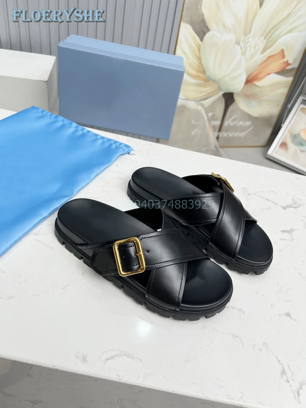 

Belt Buckle Cross Tied Slippers Thick Summer Women's Flats Outside Comfortable Metal Decoration Solid White Black Round Toe 2024