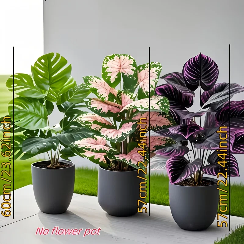 3Pcs Mixed Artificial Plant Set Large Pink Monstera Faux Palm Tree Potted Tropical Plants Plastic Leaves All Season Home Decor view 6