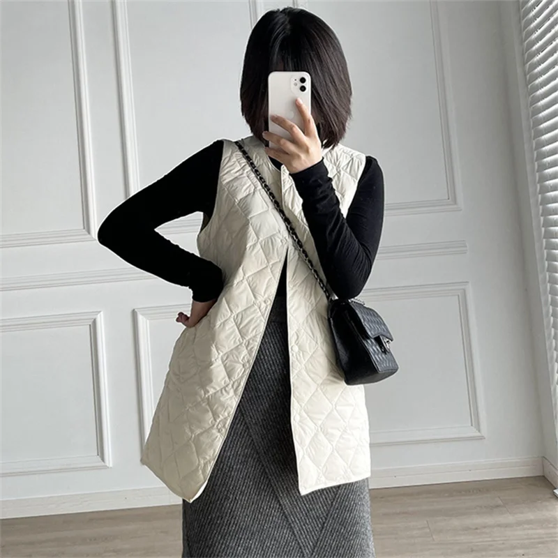 

Autumn Winter Midi Long Down Waistcoat Jacket Women Light Thin White Duck Down Vest Coat Lady Sleeveless Warm Tank Puffer Parkas