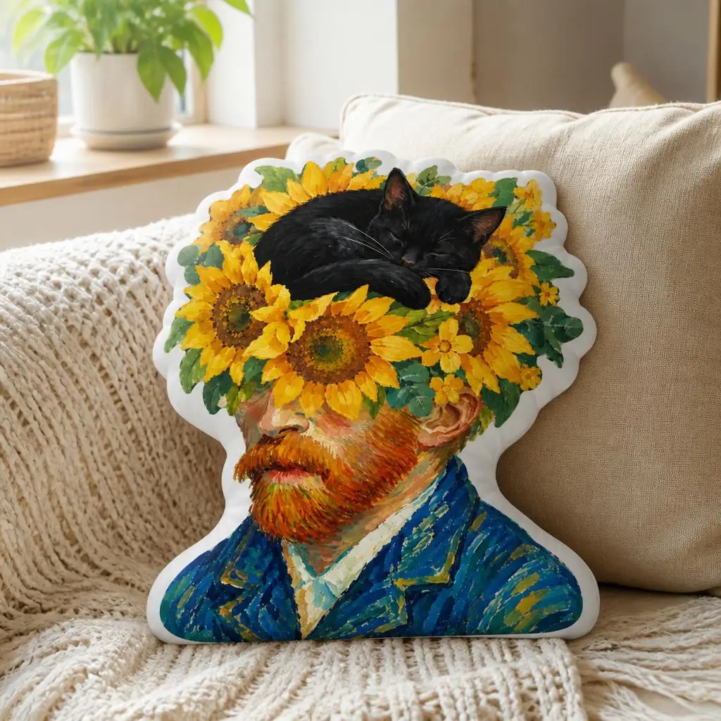 Van Gogh Sunflower Cat Shaped Pillow Post Impressionist Artist Portrait Throw Cushion for Art Studio Sofa Accent Decor Gift