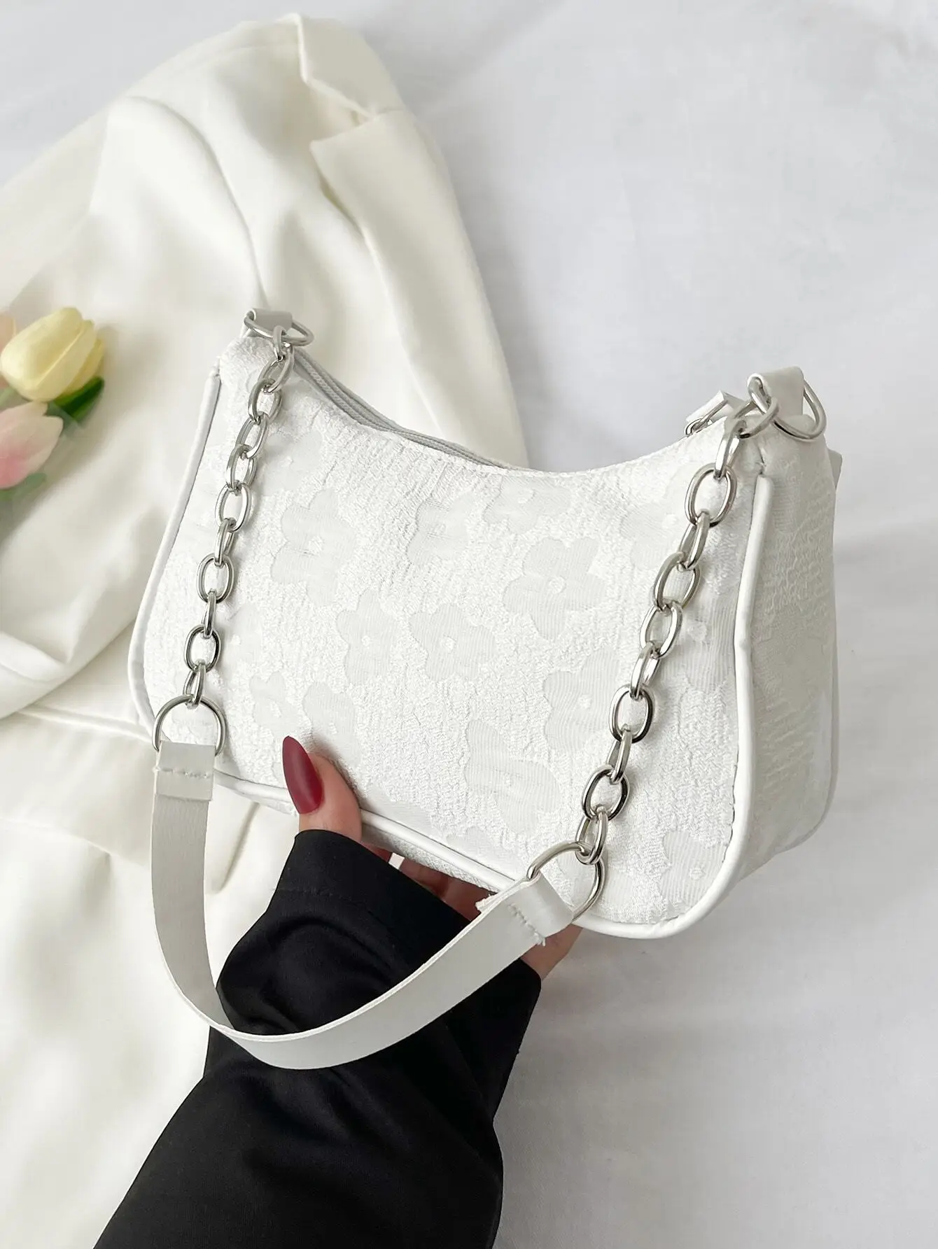 

Floral Pattern Chain Bag, White Bag