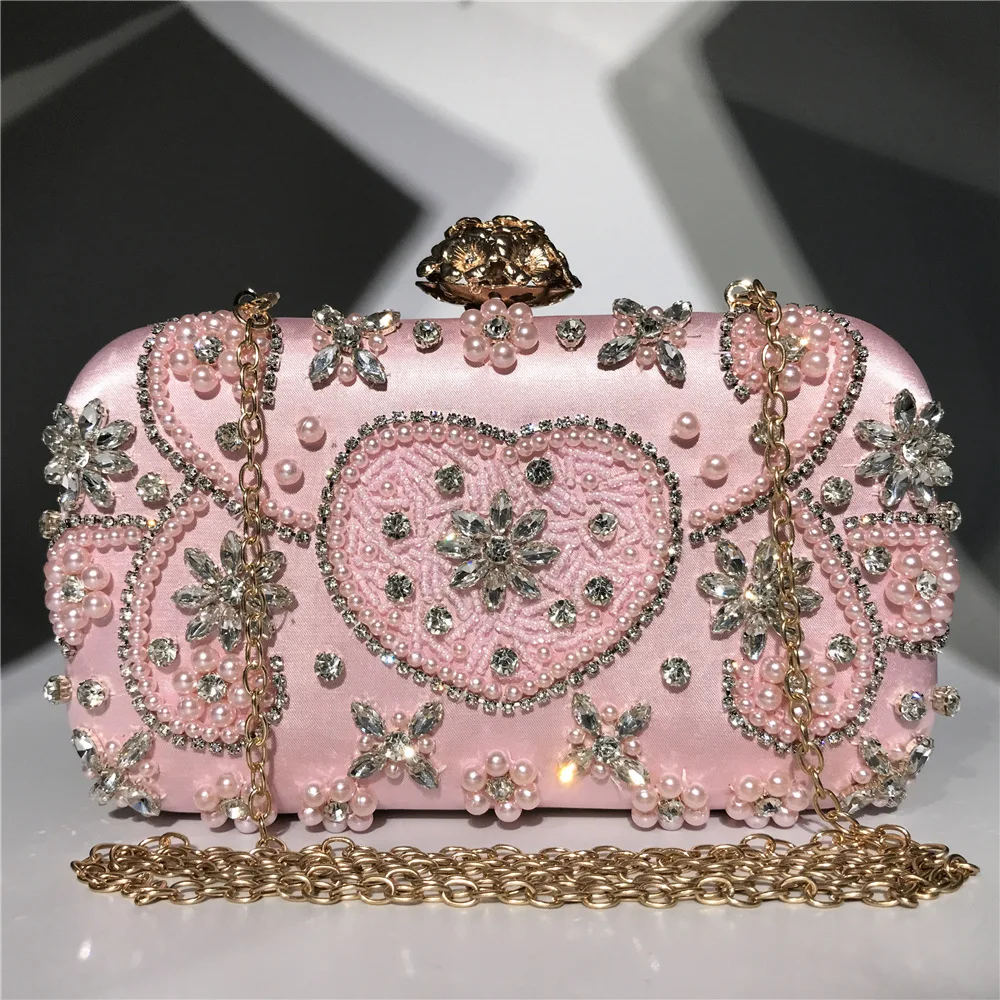 Vintage Schwer Bestickte Perlen-Strass Abendtasche für Damen Satin Blumen-Diamant-Clutch Hochzeit Party Kleid Kette Umhängetasche