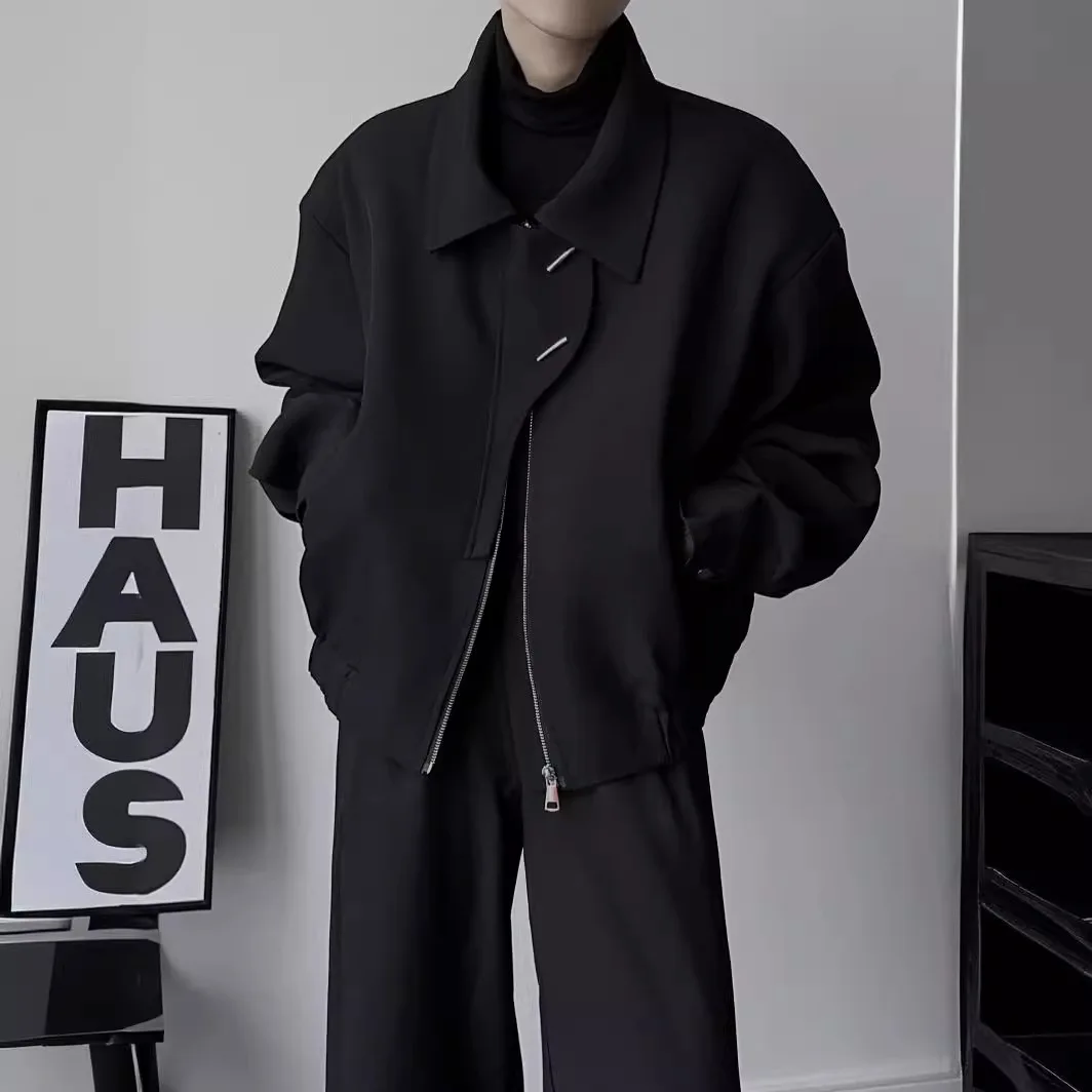 

Man Jacket 2025 Autumn New Men's Jacket Black Collared Minimalist Loose Casual Versatile Short Outerwear Cardigan Coat